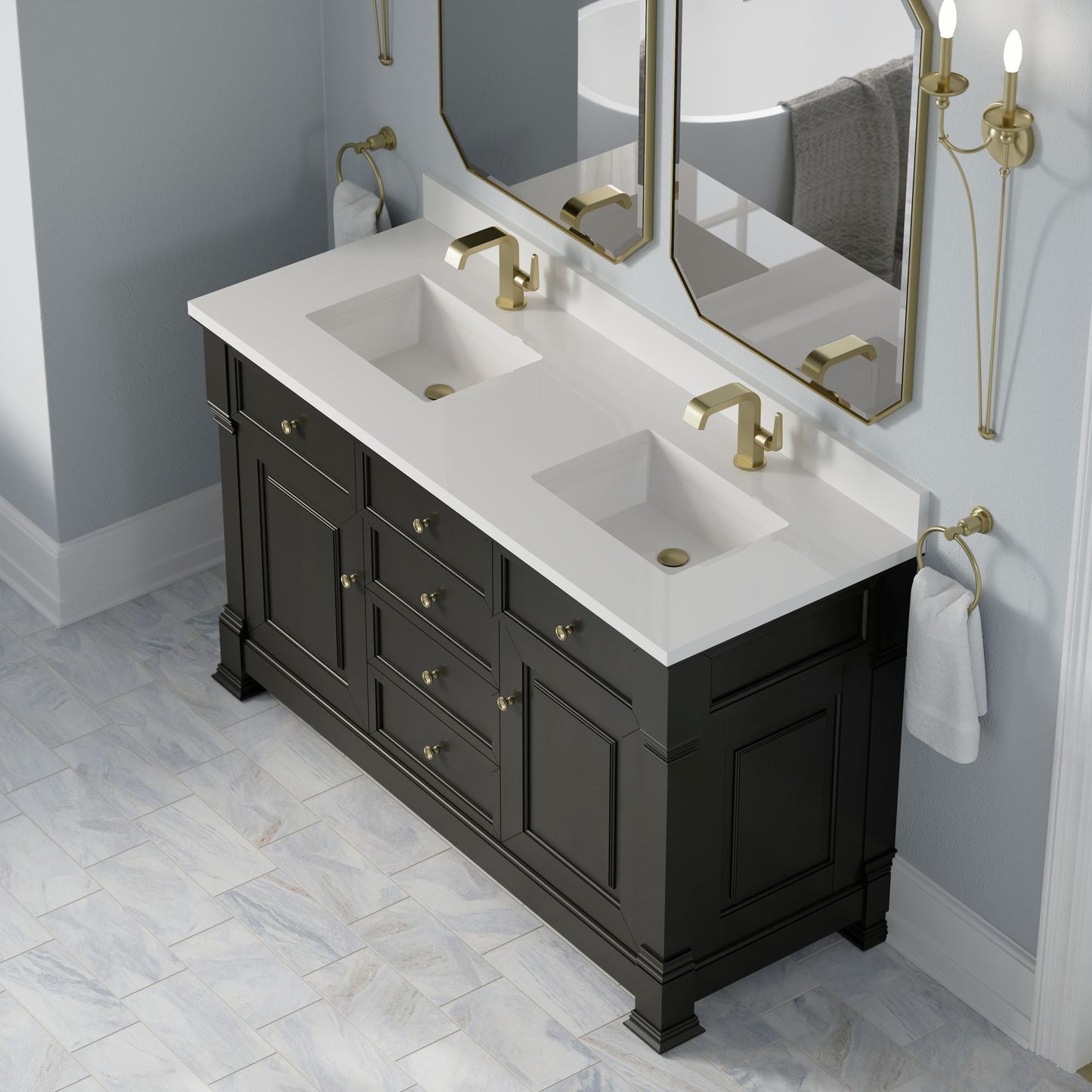 
                  
                    Brookfield 60" Double Vanity in Black Onyx Double Bathroom Vanity James Martin Vanities White Zeus Single Faucet Hole Silestone w/Backsplash 
                  
                