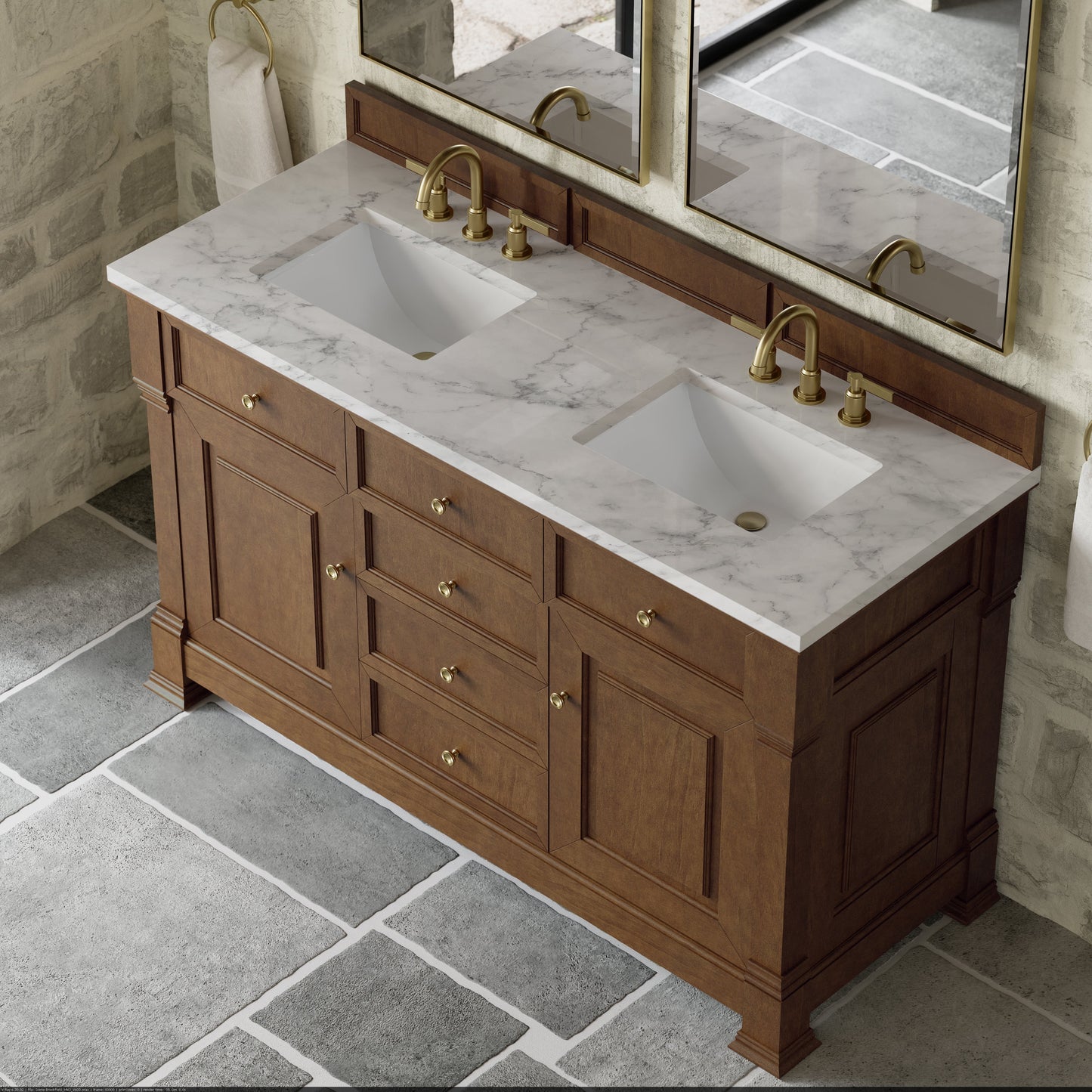 
                  
                    Brookfield 60" Double Vanity in Honey Oak Double Bathroom Vanity James Martin Vanities Carrara White Marble 
                  
                