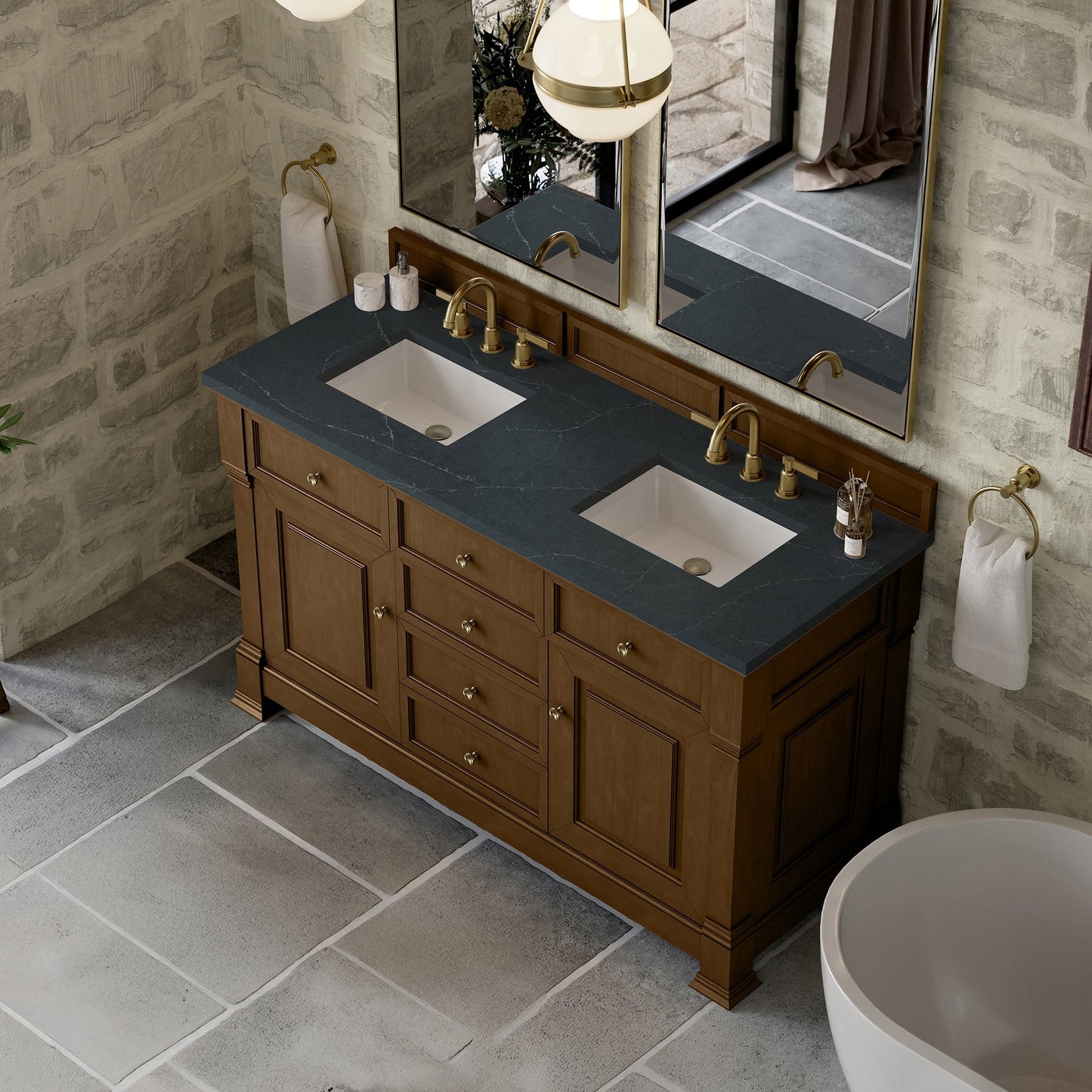 
                  
                    Brookfield 60" Double Vanity in Honey Oak Double Bathroom Vanity James Martin Vanities Charcoal Soapstone Silestone 
                  
                