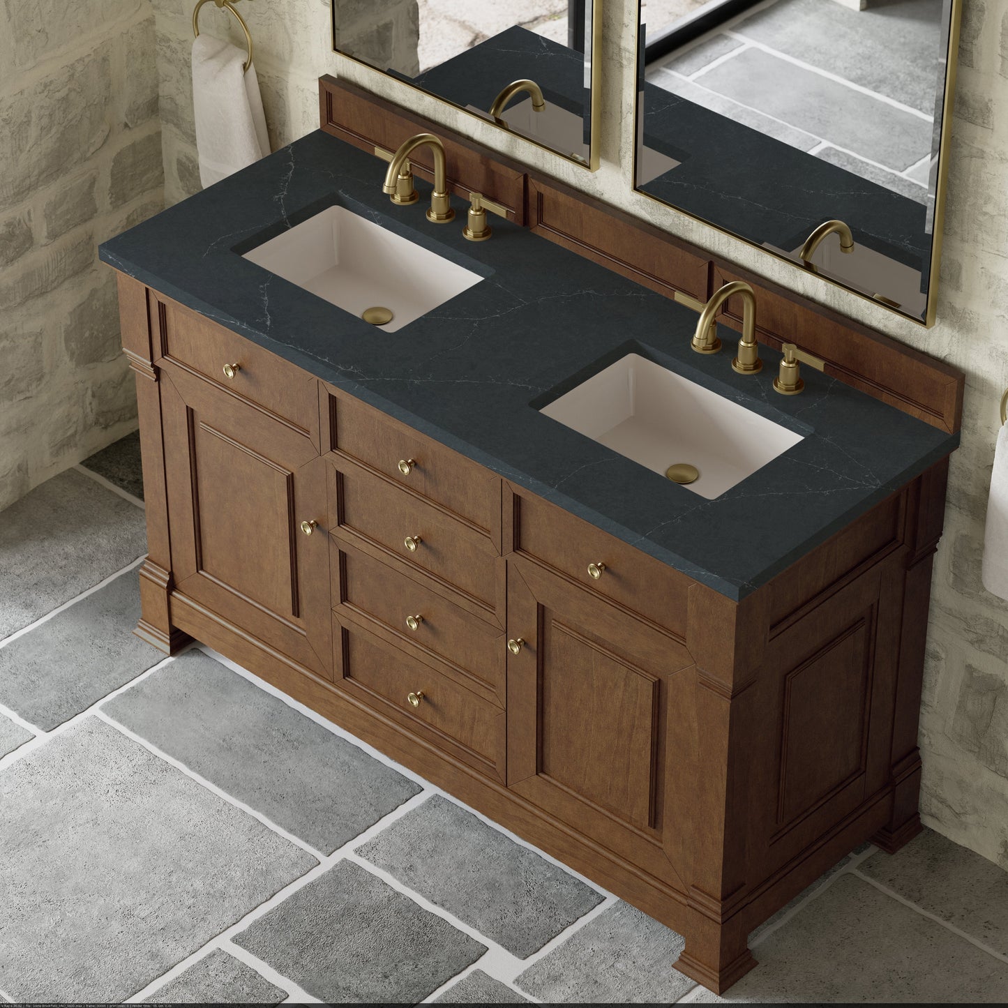 
                  
                    Brookfield 60" Double Vanity in Honey Oak Double Bathroom Vanity James Martin Vanities Charcoal Soapstone Silestone 
                  
                