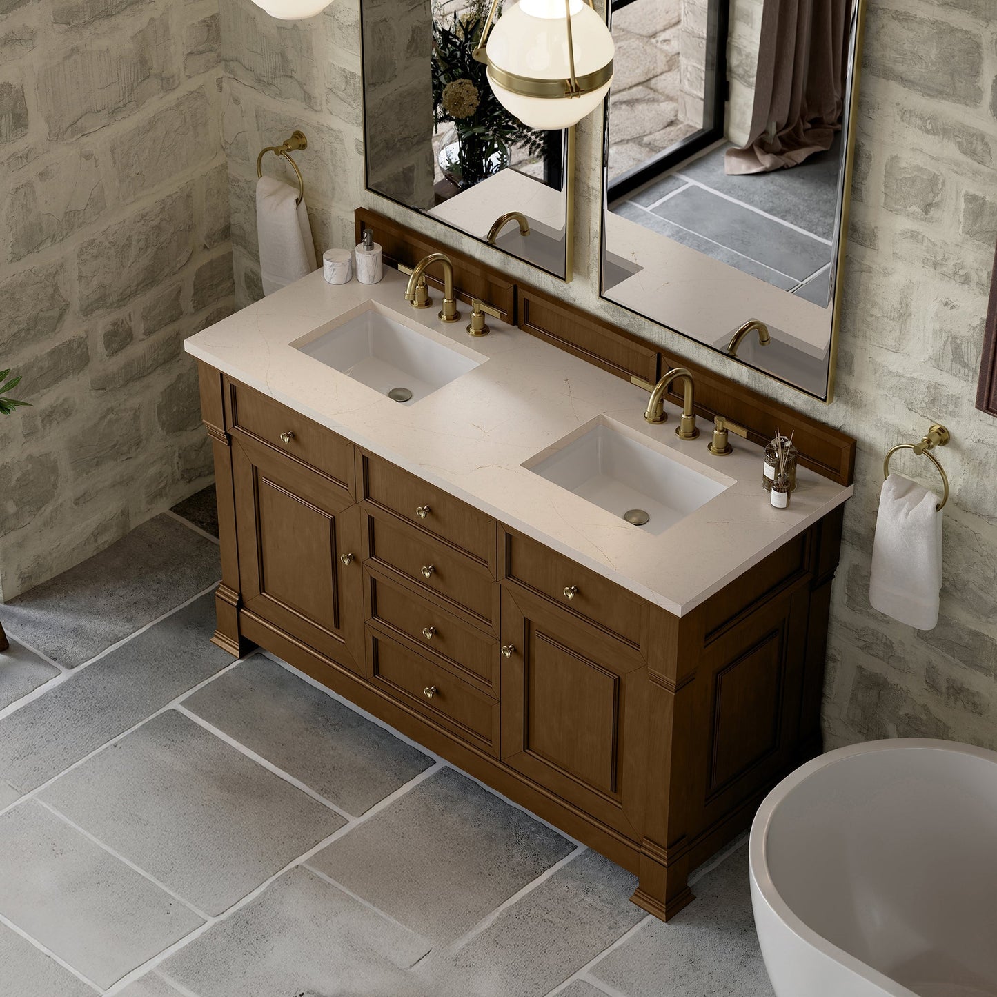 
                  
                    Brookfield 60" Double Vanity in Honey Oak Double Bathroom Vanity James Martin Vanities Eternal Marfil Silestone 
                  
                