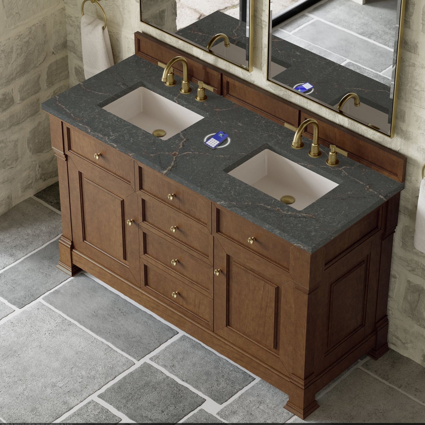 
                  
                    Brookfield 60" Double Vanity in Honey Oak Double Bathroom Vanity James Martin Vanities FreePower-Enabled Parisien Bleu Silestone 
                  
                
