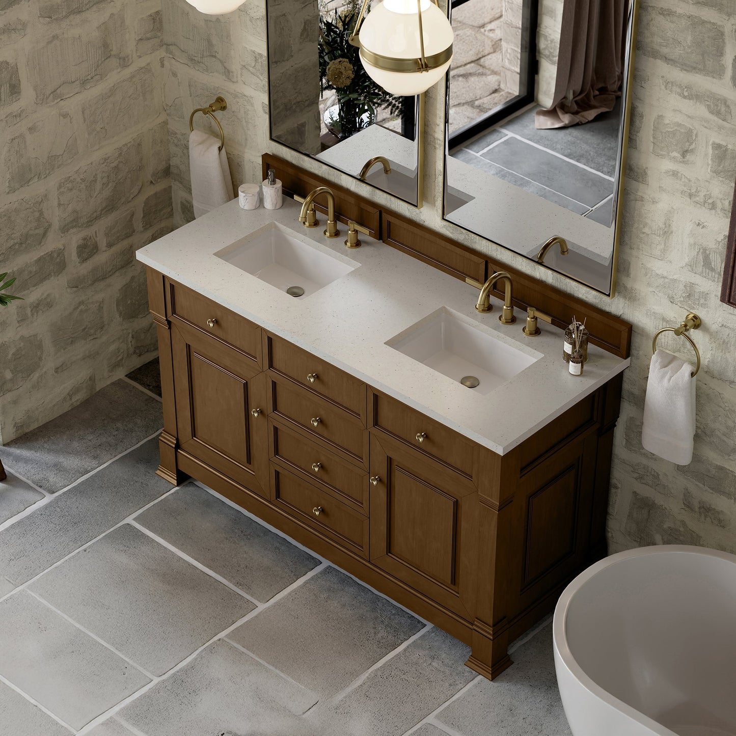
                  
                    Brookfield 60" Double Vanity in Honey Oak Double Bathroom Vanity James Martin Vanities Lime Delight Silestone 
                  
                