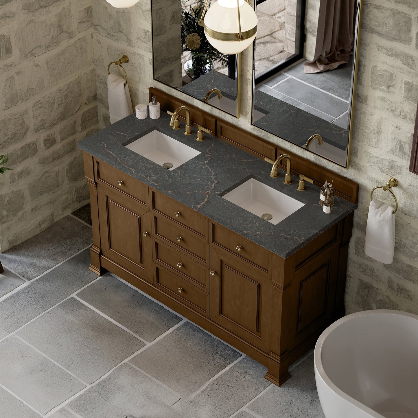 
                  
                    Brookfield 60" Double Vanity in Honey Oak Double Bathroom Vanity James Martin Vanities Parisien Bleu Silestone 
                  
                
