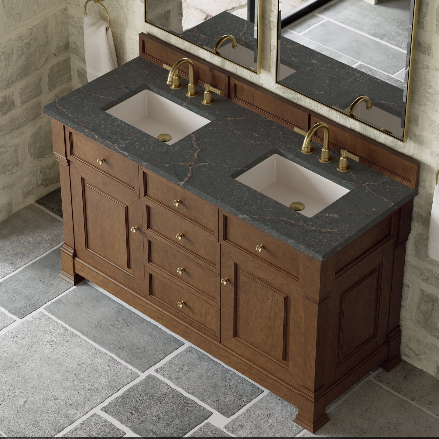 
                  
                    Brookfield 60" Double Vanity in Honey Oak Double Bathroom Vanity James Martin Vanities Parisien Bleu Silestone 
                  
                