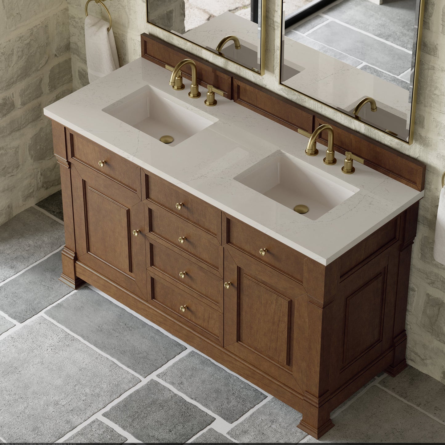 
                  
                    Brookfield 60" Double Vanity in Honey Oak Double Bathroom Vanity James Martin Vanities Siberian Silestone 
                  
                
