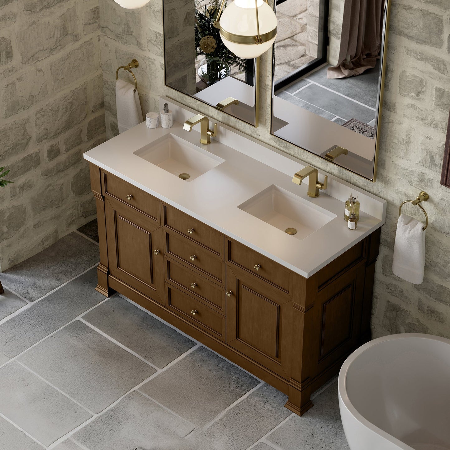 
                  
                    Brookfield 60" Double Vanity in Honey Oak Double Bathroom Vanity James Martin Vanities White Zeus Silestone 
                  
                