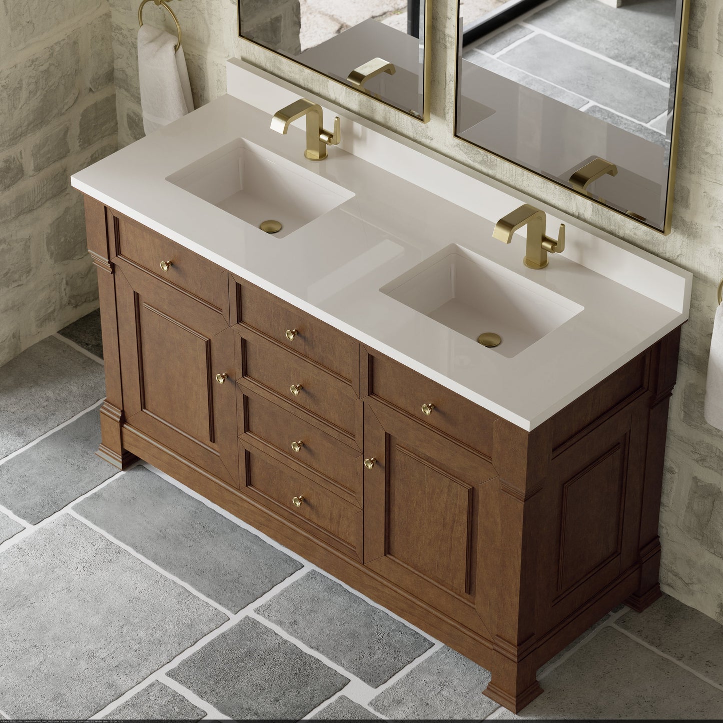 
                  
                    Brookfield 60" Double Vanity in Honey Oak Double Bathroom Vanity James Martin Vanities White Zeus Single Faucet Hole Silestone w/Backsplash 
                  
                