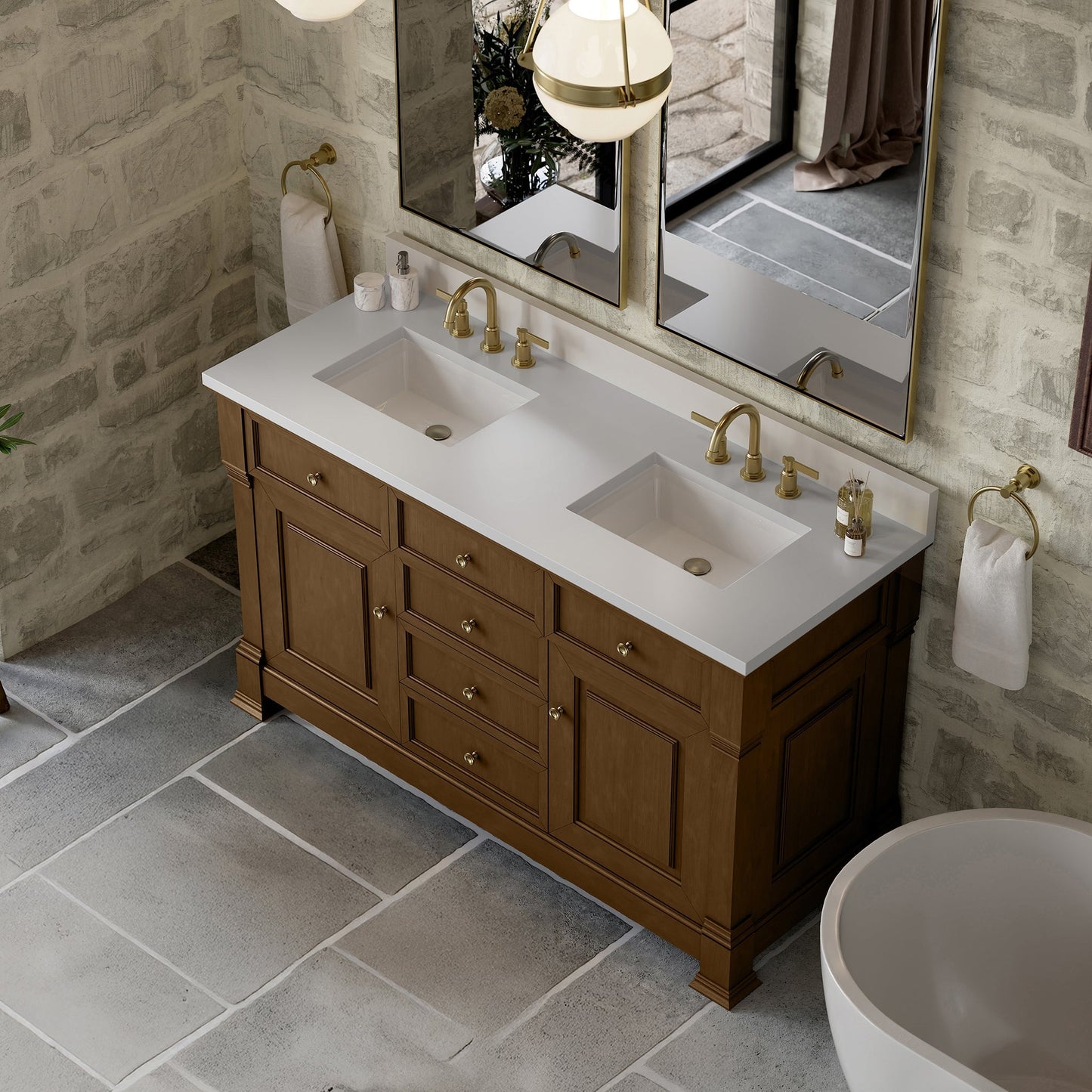 
                  
                    Brookfield 60" Double Vanity in Honey Oak Double Bathroom Vanity James Martin Vanities White Zeus Single Faucet Hole Silestone w/Backsplash 
                  
                