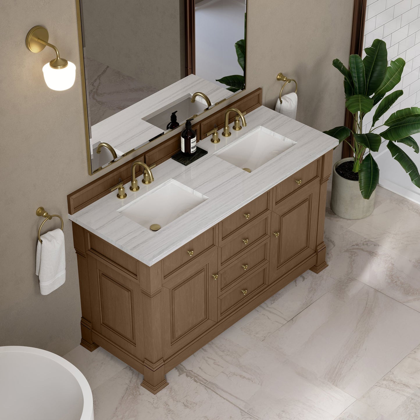 
                  
                    Brookfield 60" Double Vanity in Pecan Double Bathroom Vanity James Martin Vanities Arctic Fall Solid Surface 
                  
                
