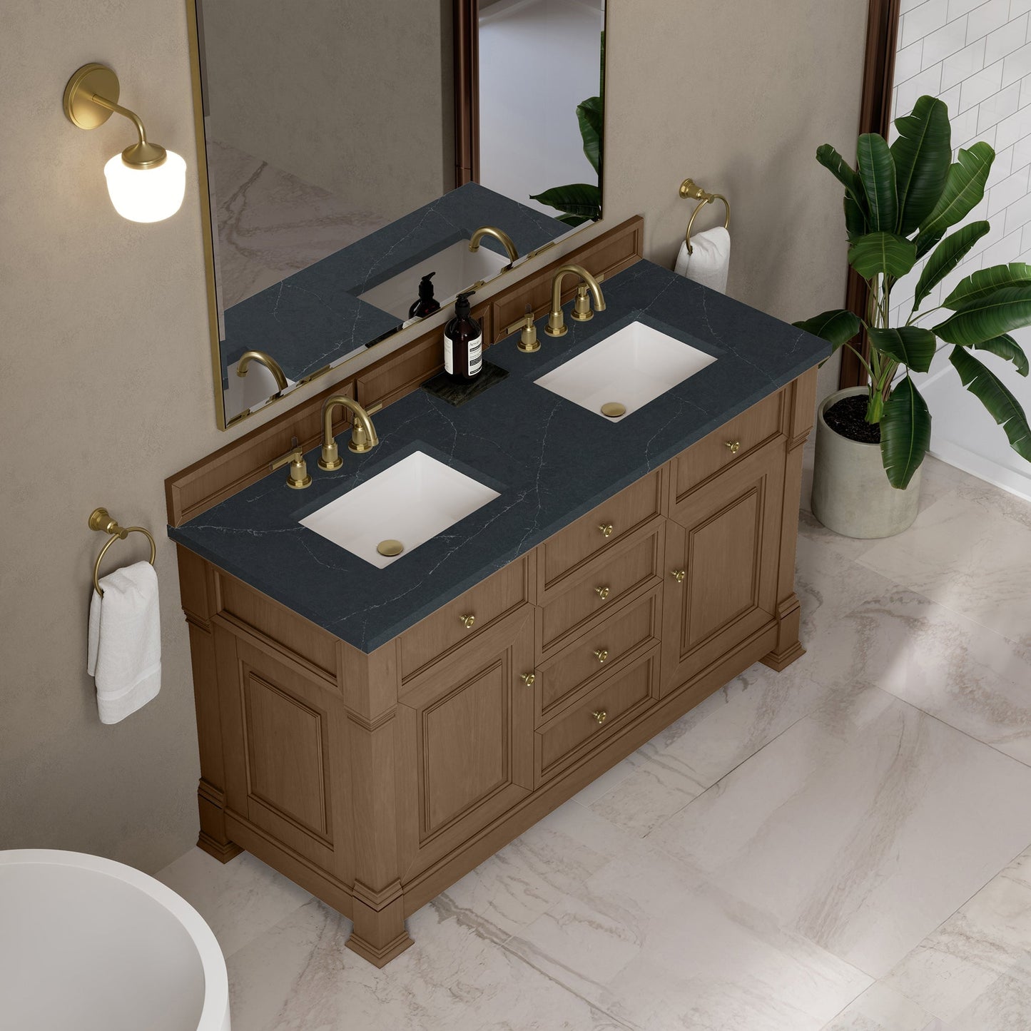 
                  
                    Brookfield 60" Double Vanity in Pecan Double Bathroom Vanity James Martin Vanities Charcoal Soapstone Silestone 
                  
                