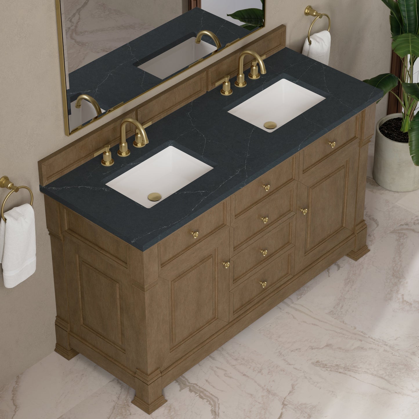 
                  
                    Brookfield 60" Double Vanity in Pecan Double Bathroom Vanity James Martin Vanities Charcoal Soapstone Silestone 
                  
                