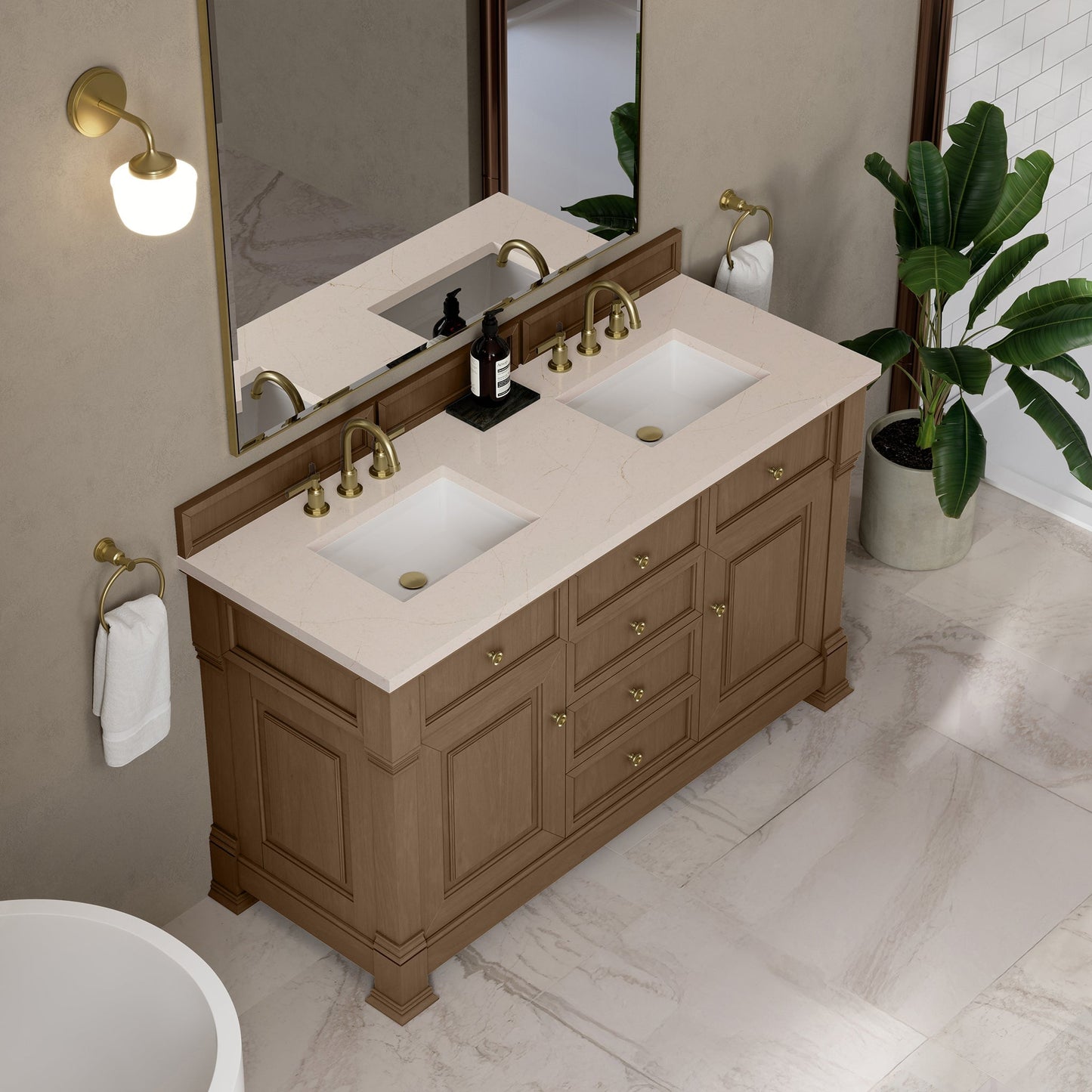 
                  
                    Brookfield 60" Double Vanity in Pecan Double Bathroom Vanity James Martin Vanities Eternal Marfil Silestone 
                  
                