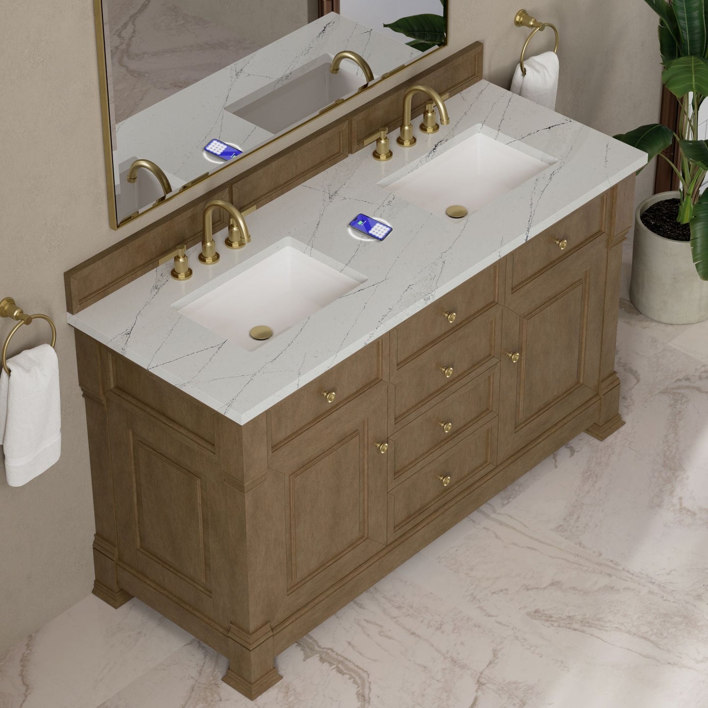 
                  
                    Brookfield 60" Double Vanity in Pecan Double Bathroom Vanity James Martin Vanities FreePower-Enabled Ethereal Noctis Silestone 
                  
                