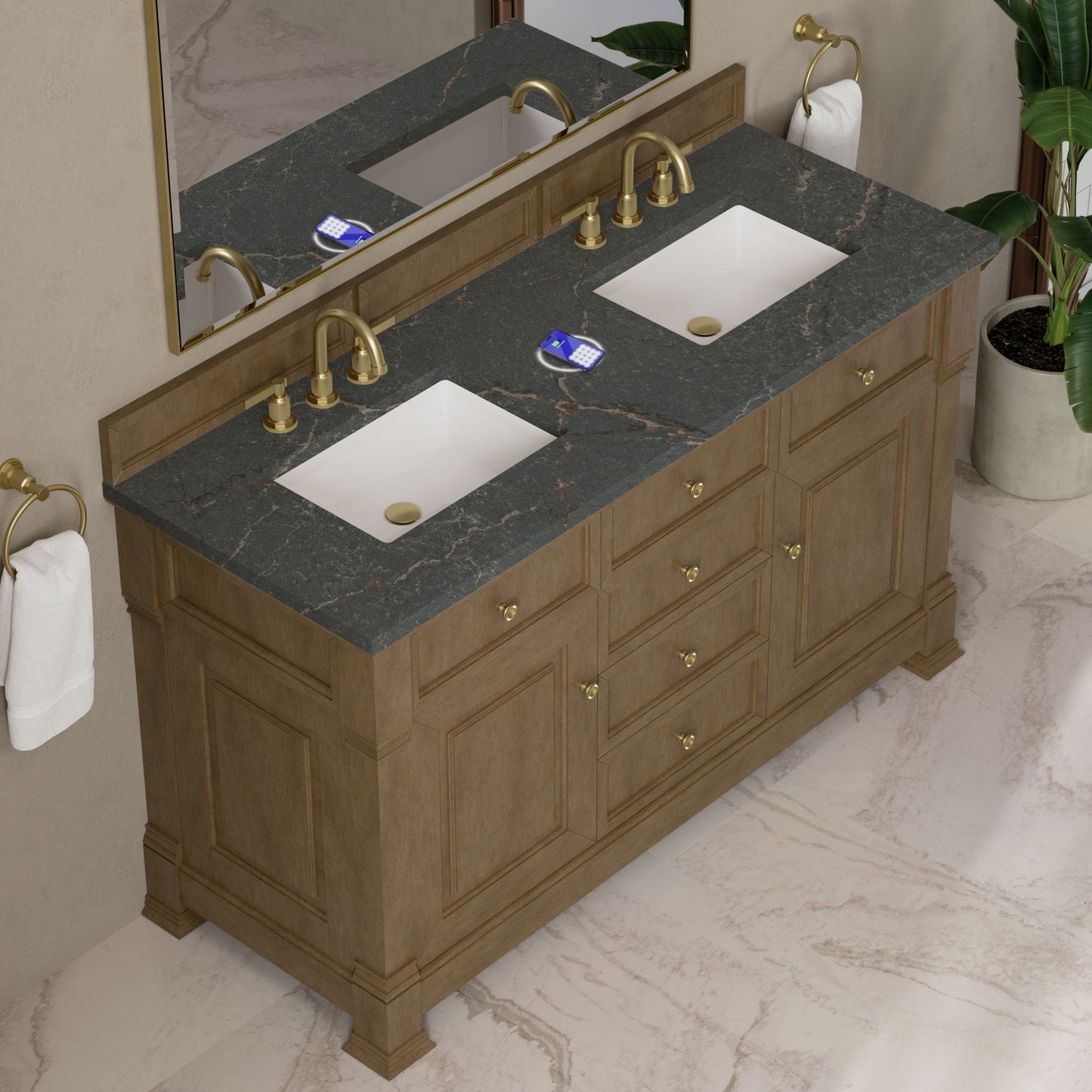 
                  
                    Brookfield 60" Double Vanity in Pecan Double Bathroom Vanity James Martin Vanities FreePower-Enabled Parisien Bleu Silestone 
                  
                