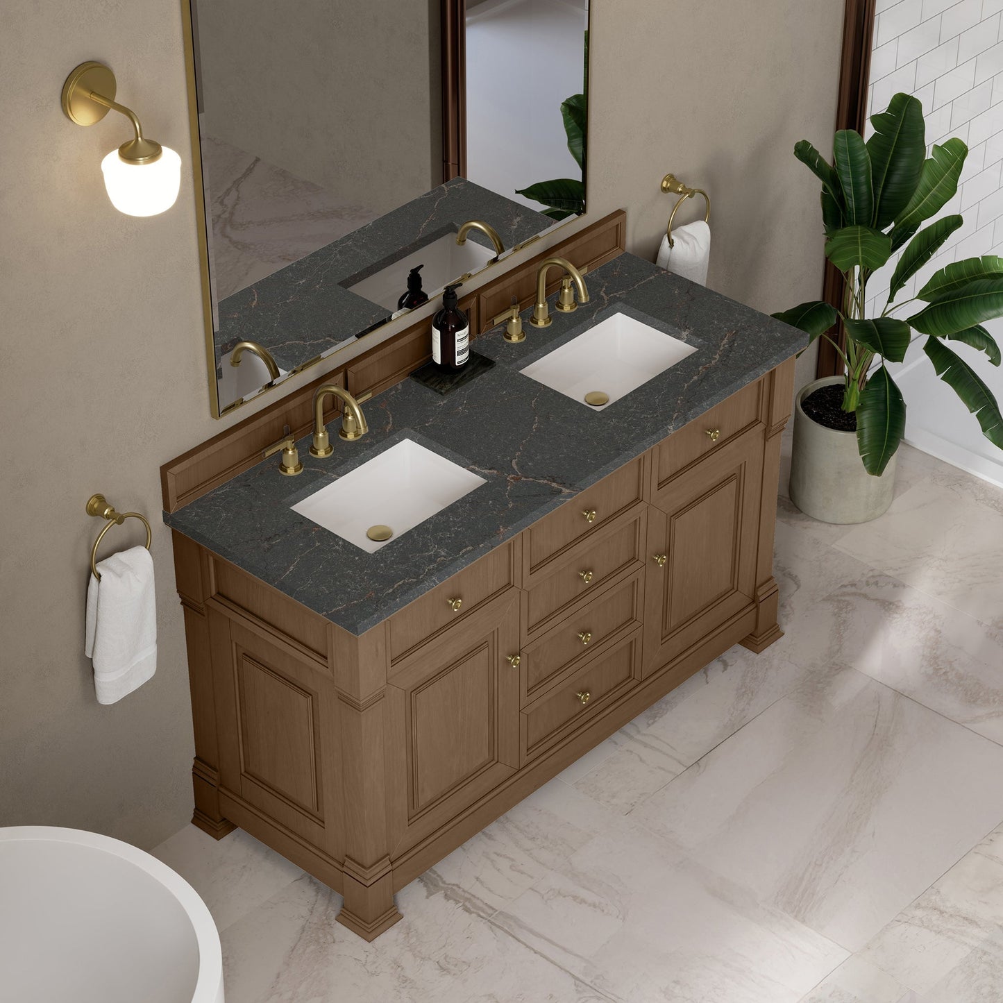 
                  
                    Brookfield 60" Double Vanity in Pecan Double Bathroom Vanity James Martin Vanities Parisien Bleu Silestone 
                  
                