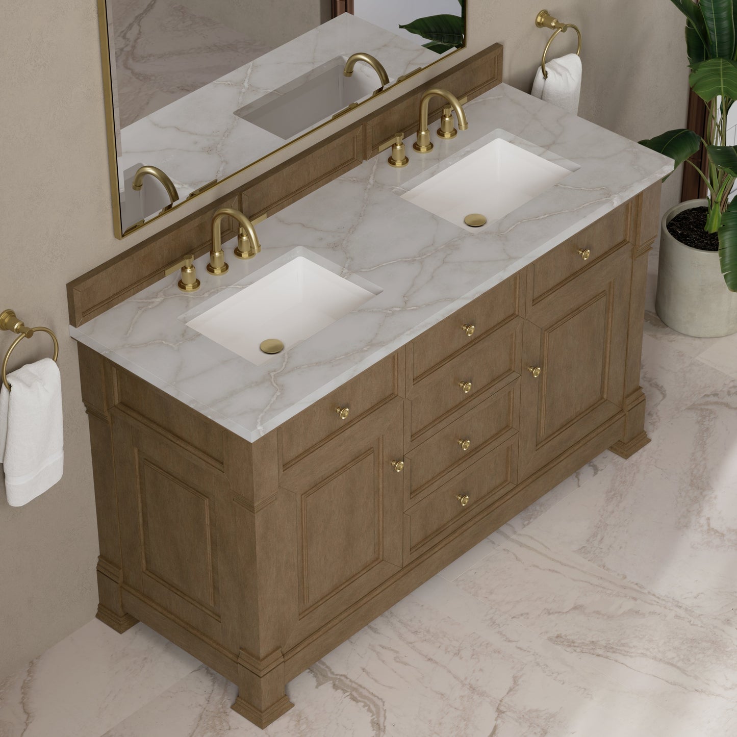 
                  
                    Brookfield 60" Double Vanity in Pecan Double Bathroom Vanity James Martin Vanities Victorian Silver Silestone 
                  
                
