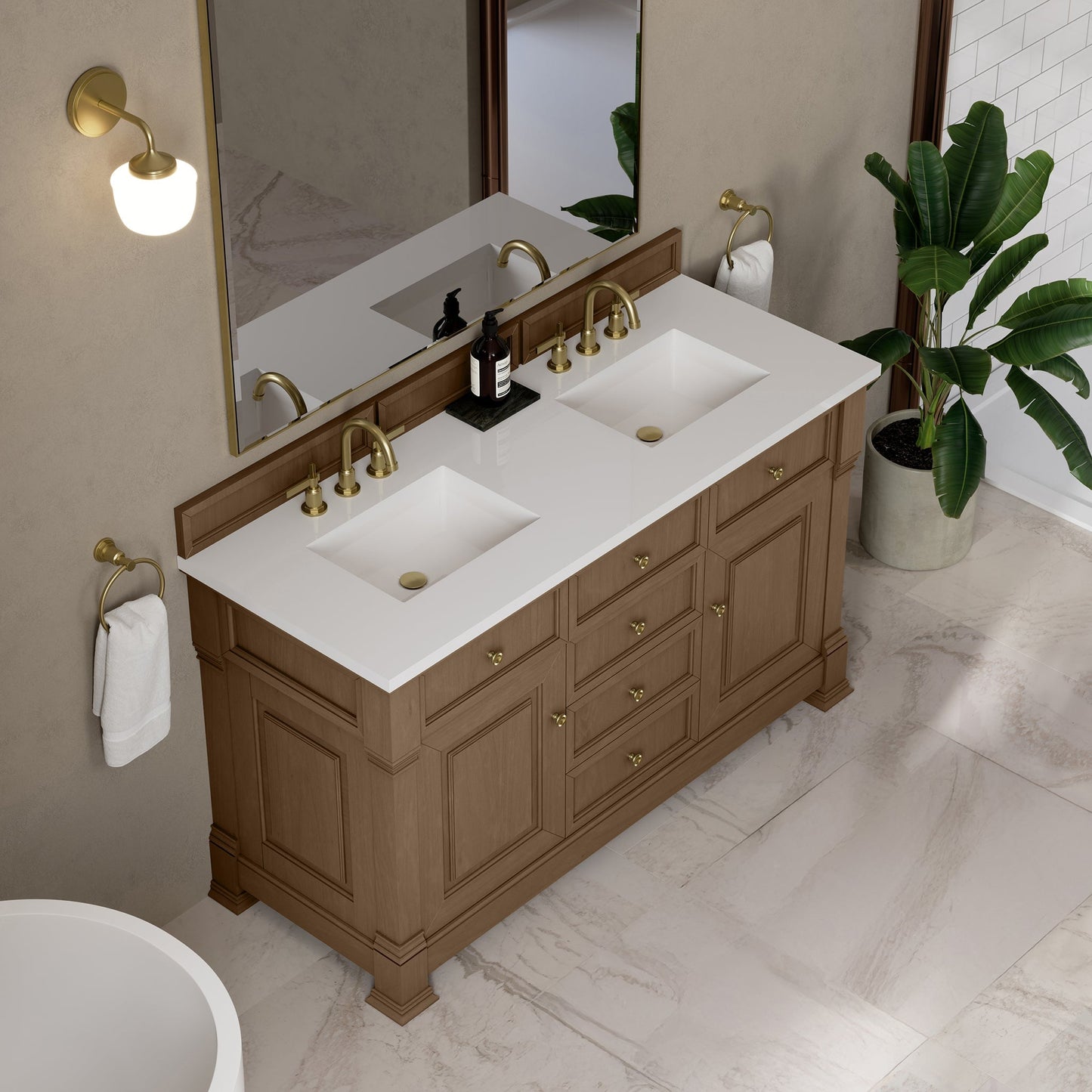 
                  
                    Brookfield 60" Double Vanity in Pecan Double Bathroom Vanity James Martin Vanities White Zeus Silestone 
                  
                