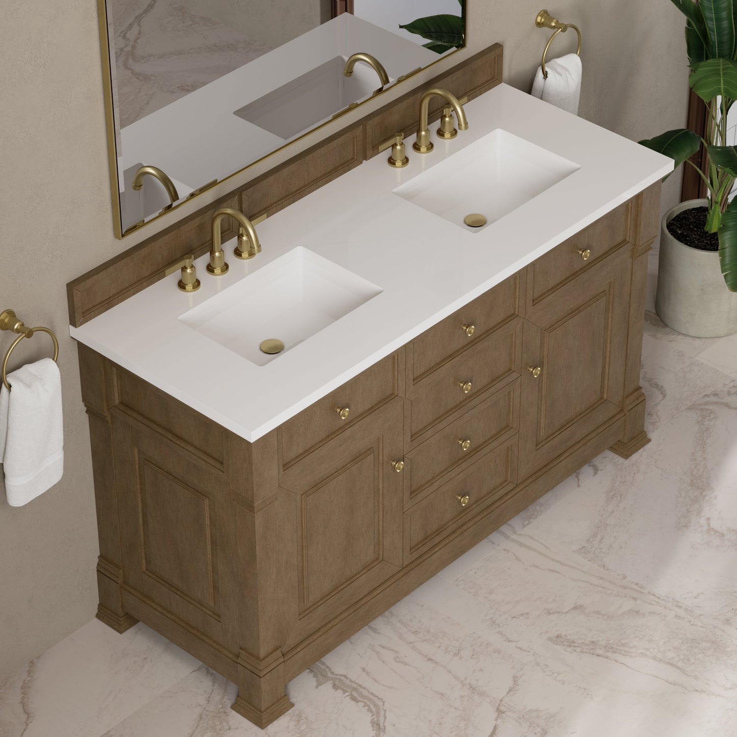 
                  
                    Brookfield 60" Double Vanity in Pecan Double Bathroom Vanity James Martin Vanities White Zeus Silestone 
                  
                