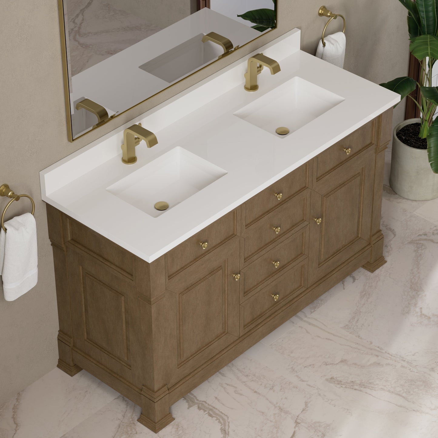 
                  
                    Brookfield 60" Double Vanity in Pecan Double Bathroom Vanity James Martin Vanities White Zeus Silestone with Backsplash 
                  
                