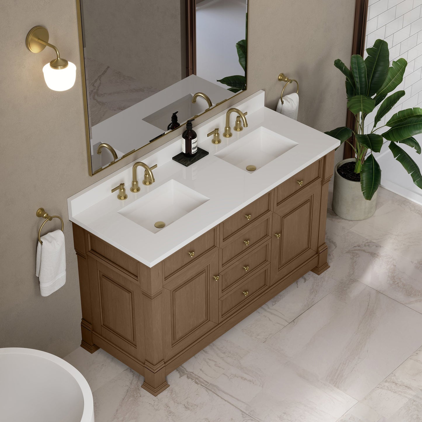 
                  
                    Brookfield 60" Double Vanity in Pecan Double Bathroom Vanity James Martin Vanities White Zeus Silestone with Backsplash 
                  
                