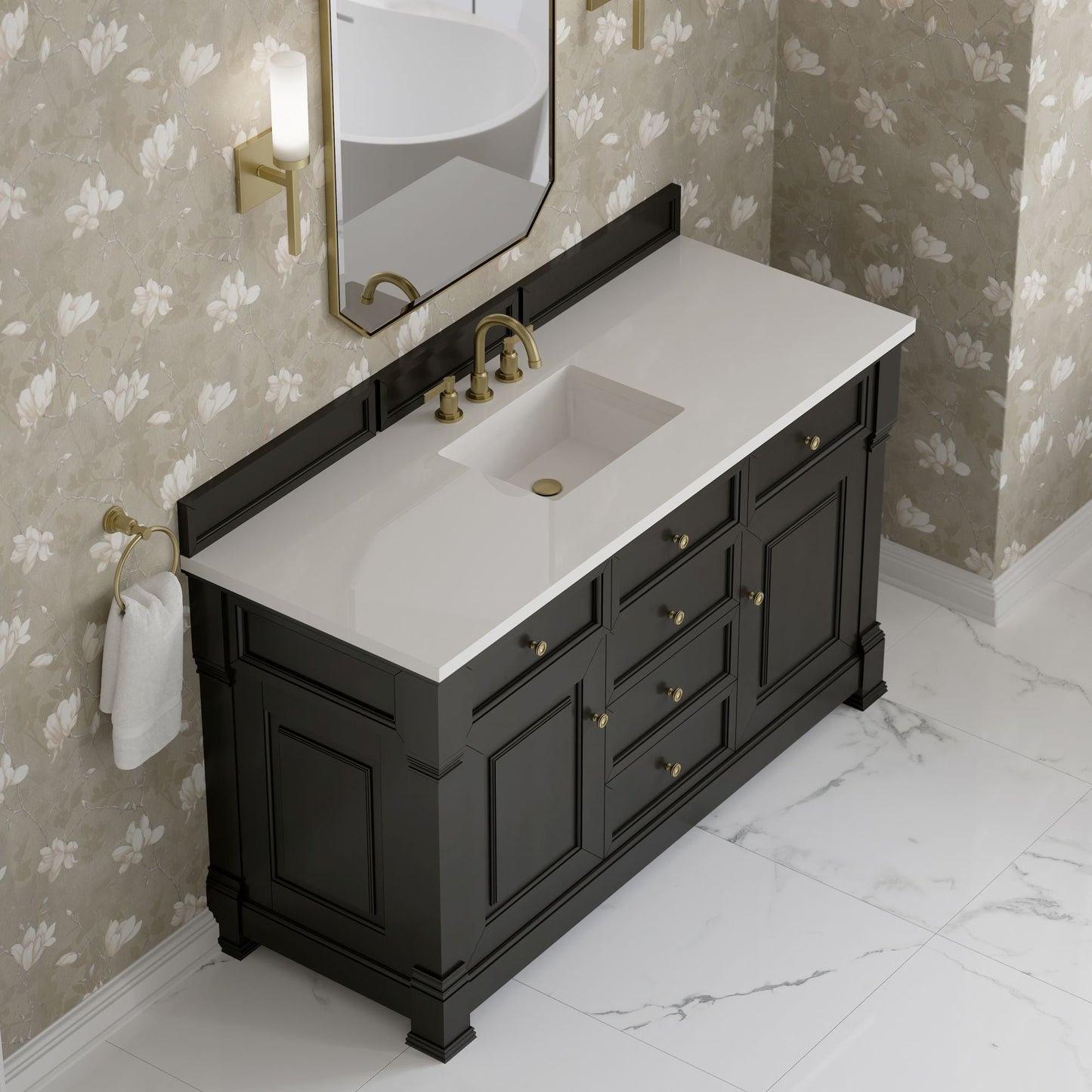 
                  
                    Brookfield 60" Single Vanity in Black Onyx Single Bathroom Vanity James Martin Vanities White Zeus Silestone 
                  
                