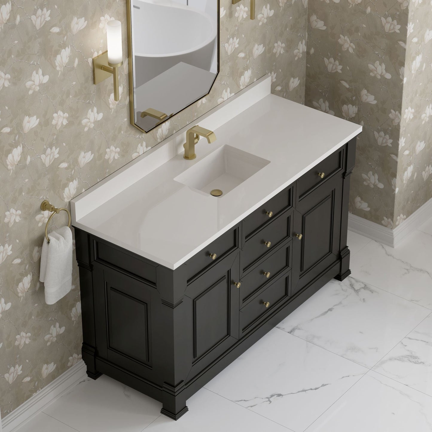 
                  
                    Brookfield 60" Single Vanity in Black Onyx Single Bathroom Vanity James Martin Vanities White Zeus Single Faucet Hole Silestone w/Backsplash 
                  
                
