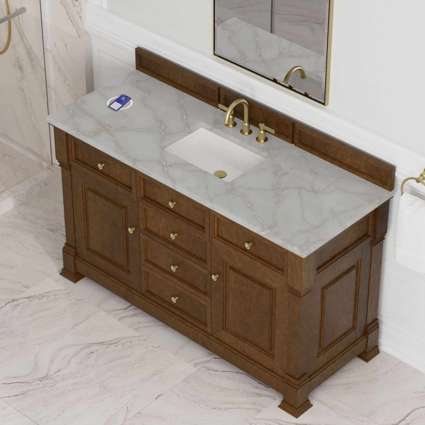 
                  
                    Brookfield 60" Single Vanity in Honey Oak Single Bathroom Vanity James Martin Vanities FreePower-Enabled Victorian Silver Silestone 
                  
                