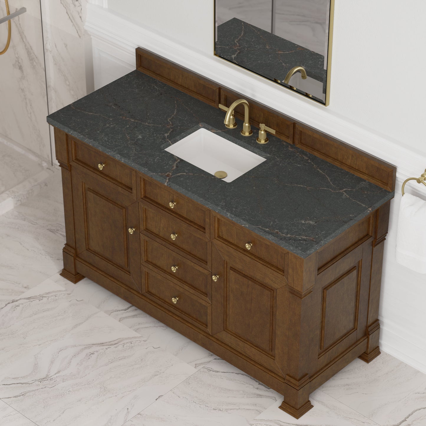 
                  
                    Brookfield 60" Single Vanity in Honey Oak Single Bathroom Vanity James Martin Vanities Parisien Bleu Silestone 
                  
                