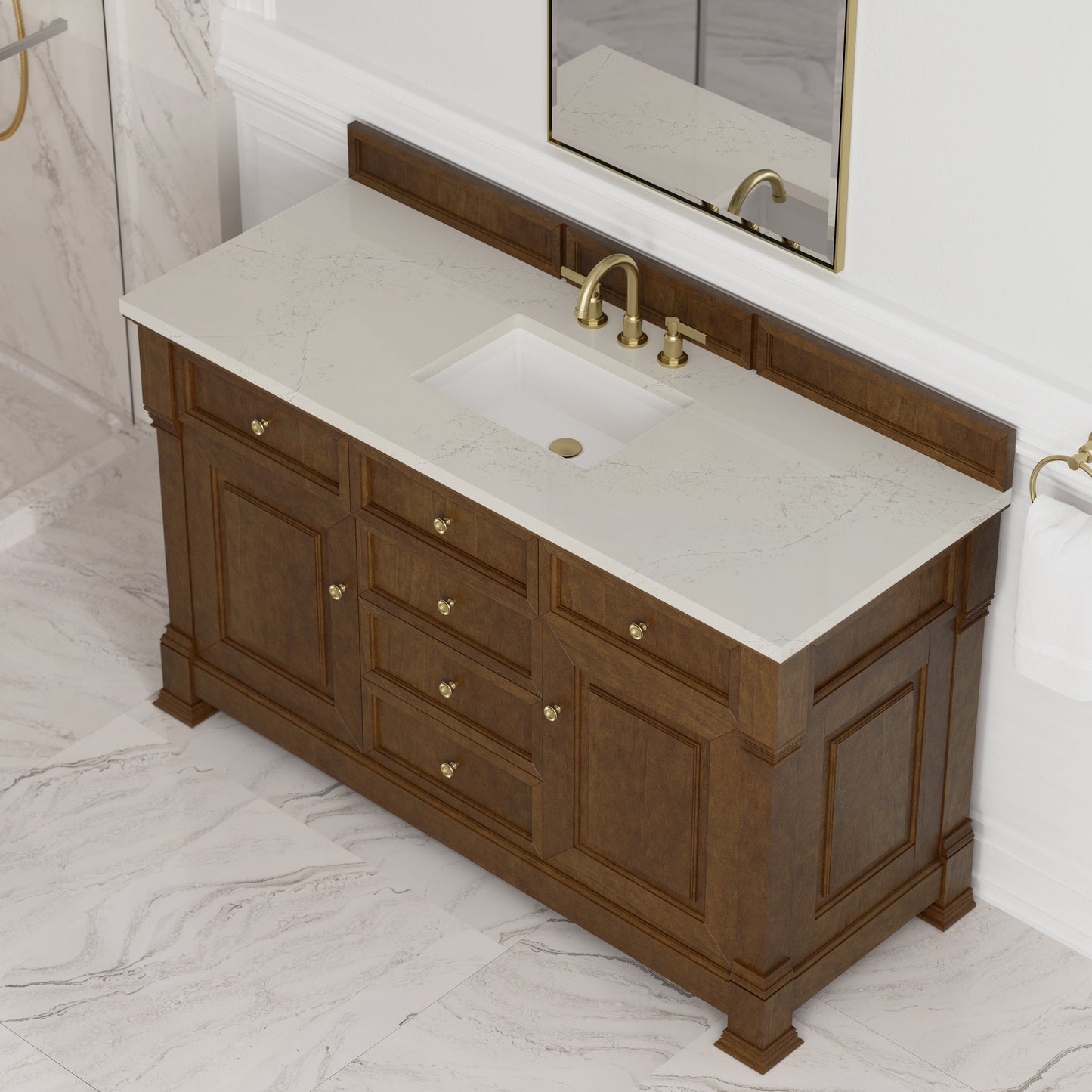 
                  
                    Brookfield 60" Single Vanity in Honey Oak Single Bathroom Vanity James Martin Vanities Siberian Silestone 
                  
                