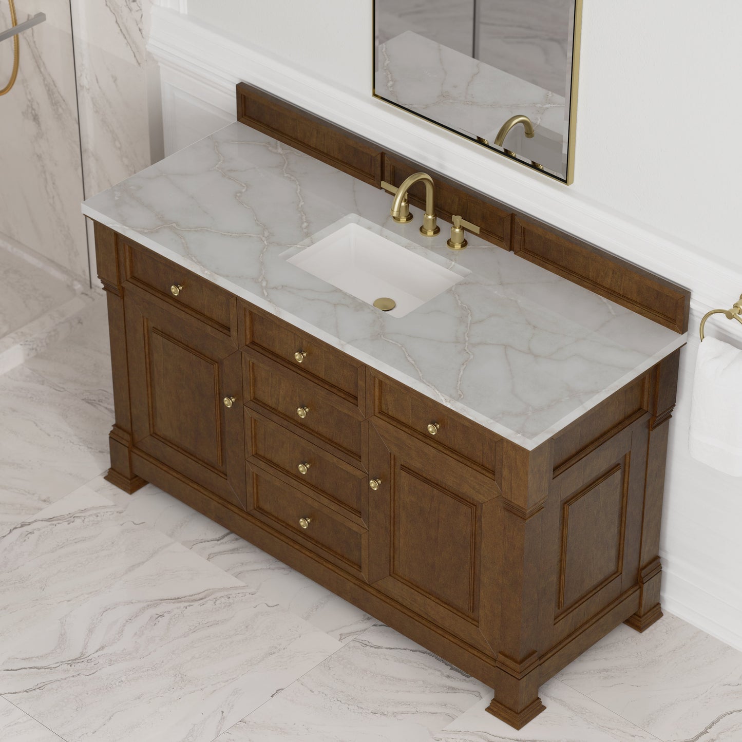 
                  
                    Brookfield 60" Single Vanity in Honey Oak Single Bathroom Vanity James Martin Vanities Victorian Silver Silestone 
                  
                