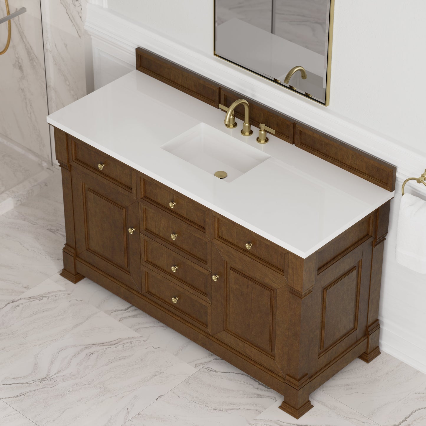 
                  
                    Brookfield 60" Single Vanity in Honey Oak Single Bathroom Vanity James Martin Vanities White Zeus Silestone 
                  
                