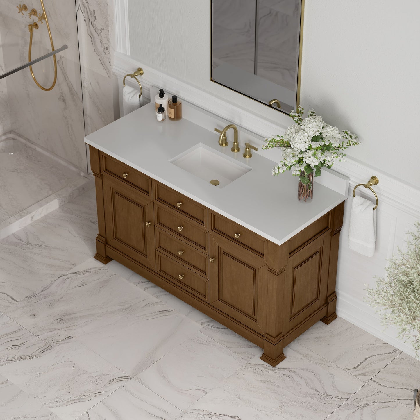 
                  
                    Brookfield 60" Single Vanity in Honey Oak Single Bathroom Vanity James Martin Vanities White Zeus Single Faucet Hole Silestone w/Backsplash 
                  
                