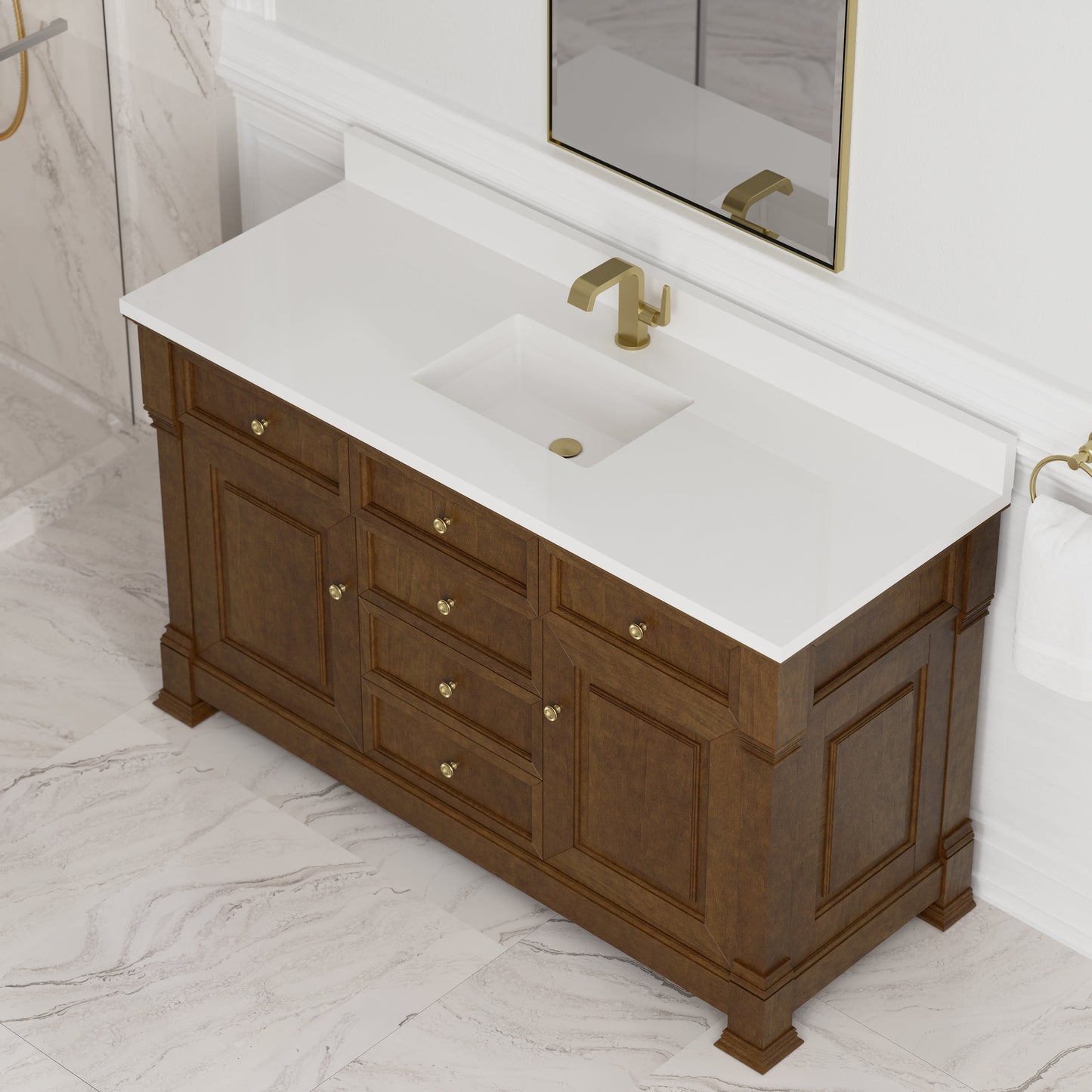 
                  
                    Brookfield 60" Single Vanity in Honey Oak Single Bathroom Vanity James Martin Vanities White Zeus Single Faucet Hole Silestone w/Backsplash 
                  
                