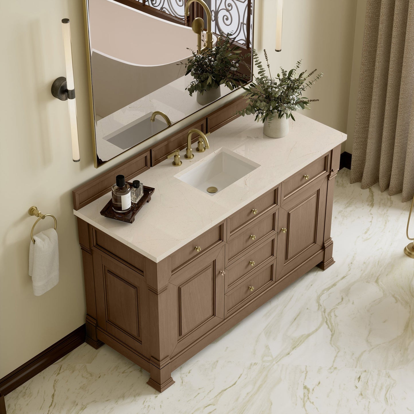 
                  
                    Brookfield 60" Single Vanity in Pecan Single Bathroom Vanity James Martin Vanities Eternal Marfil Silestone 
                  
                
