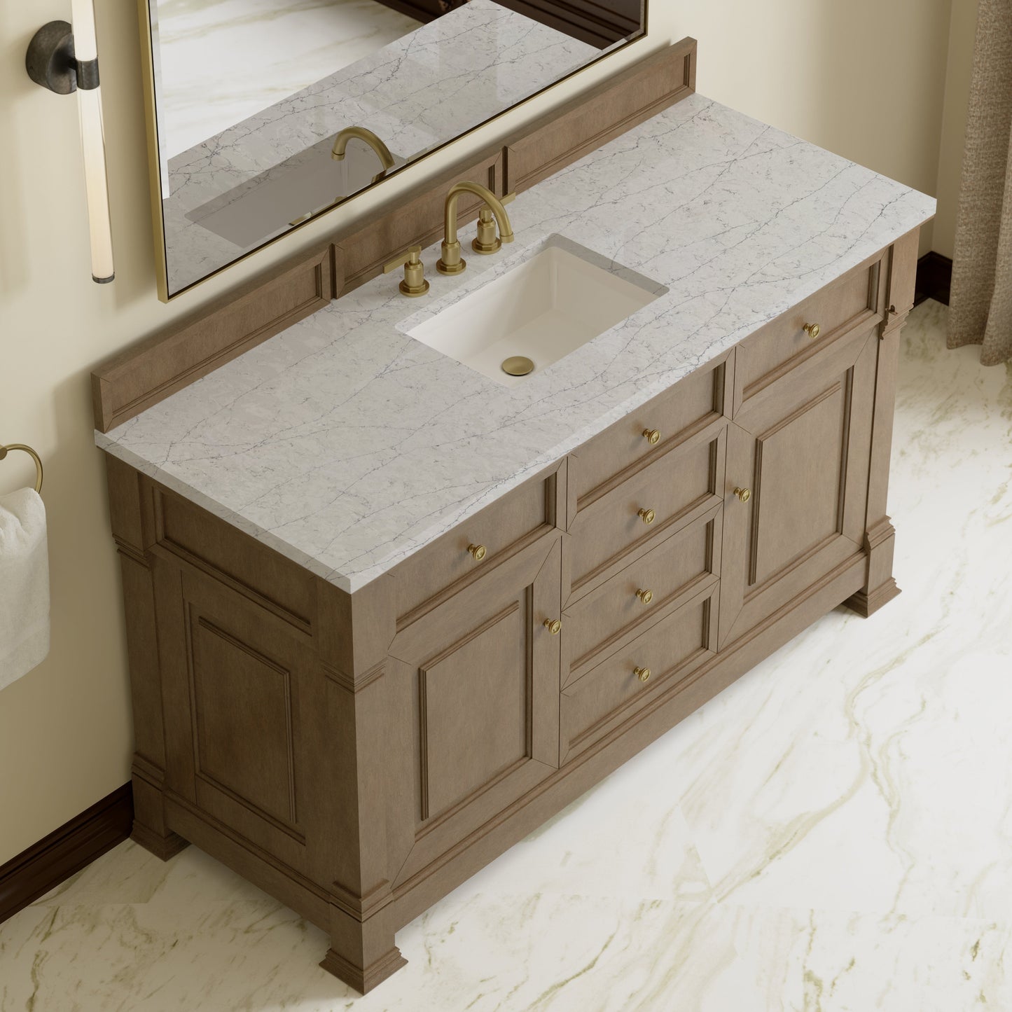 
                  
                    Brookfield 60" Single Vanity in Pecan Single Bathroom Vanity James Martin Vanities Eternal Pearl Jasmine Silestone 
                  
                