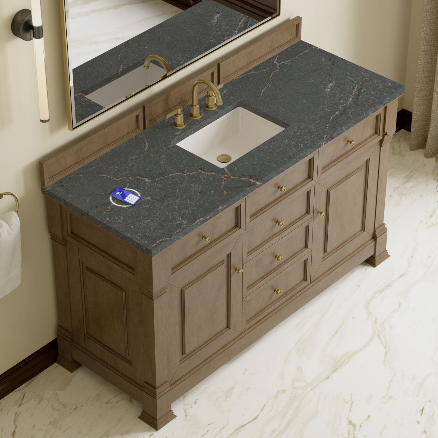 
                  
                    Brookfield 60" Single Vanity in Pecan Single Bathroom Vanity James Martin Vanities FreePower-Enabled Parisien Bleu Silestone 
                  
                