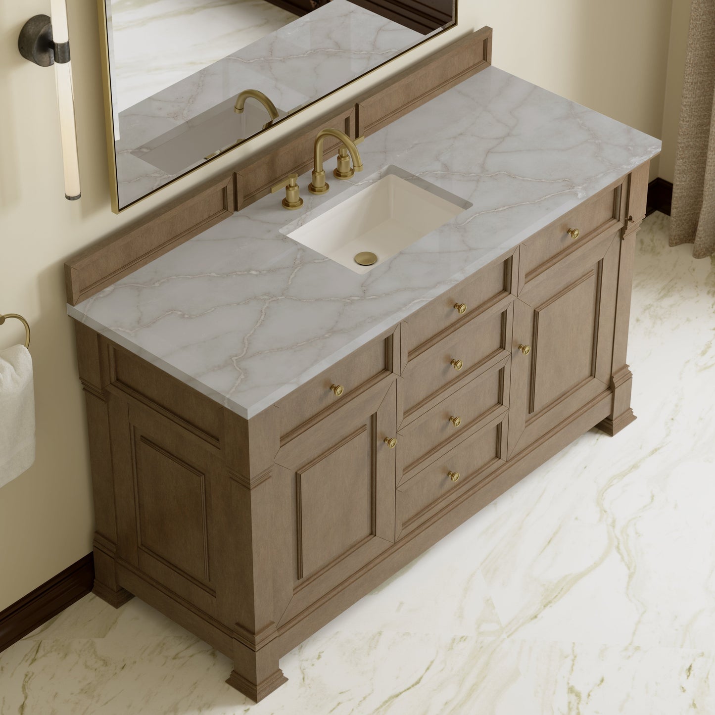 
                  
                    Brookfield 60" Single Vanity in Pecan Single Bathroom Vanity James Martin Vanities Victorian Silver Silestone 
                  
                