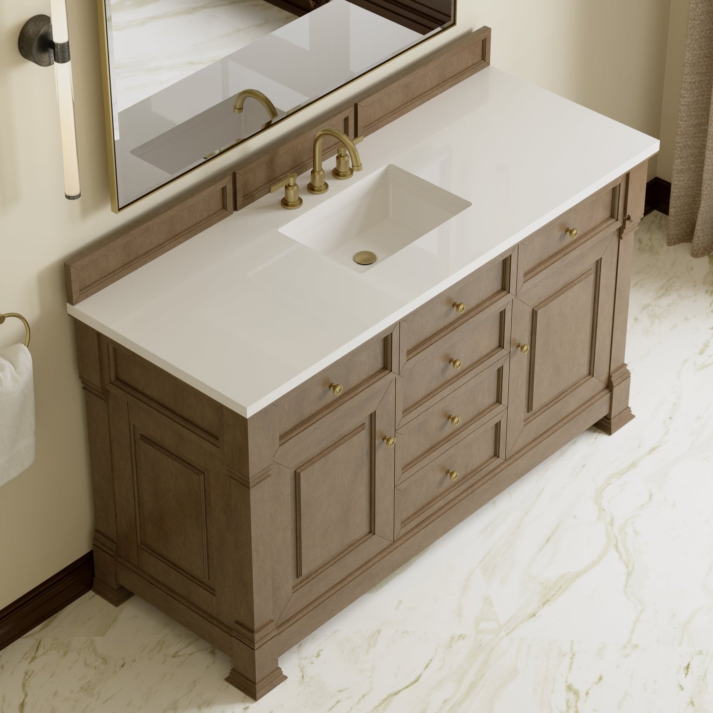 
                  
                    Brookfield 60" Single Vanity in Pecan Single Bathroom Vanity James Martin Vanities White Zeus Silestone 
                  
                