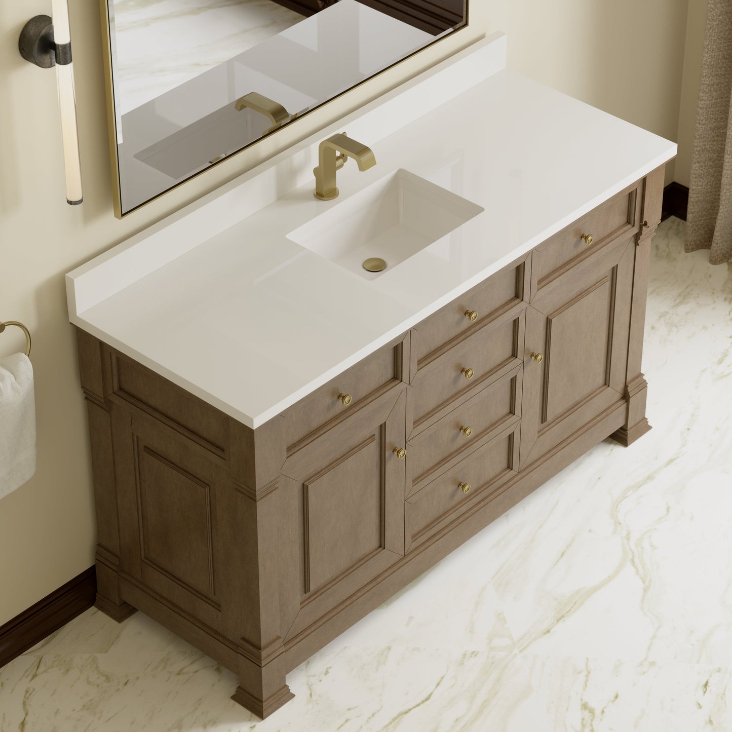 
                  
                    Brookfield 60" Single Vanity in Pecan Single Bathroom Vanity James Martin Vanities White Zeus Single Faucet Hole Silestone w/Backsplash 
                  
                