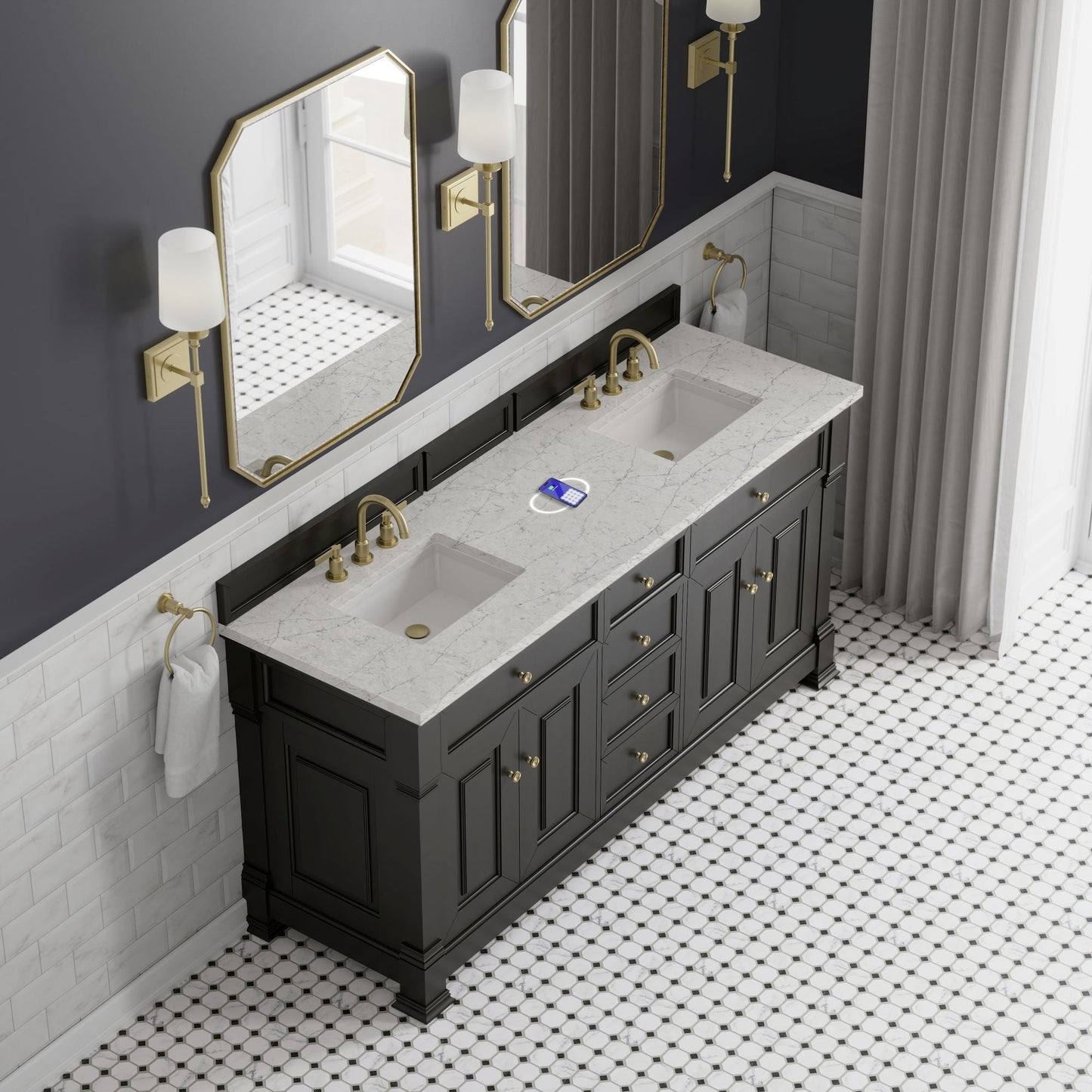 
                  
                    Brookfield 72" Double Vanity in Black Onyx Double Bathroom Vanity James Martin Vanities FreePower-Enabled Eternal Jasmine Pearl Silestone 
                  
                