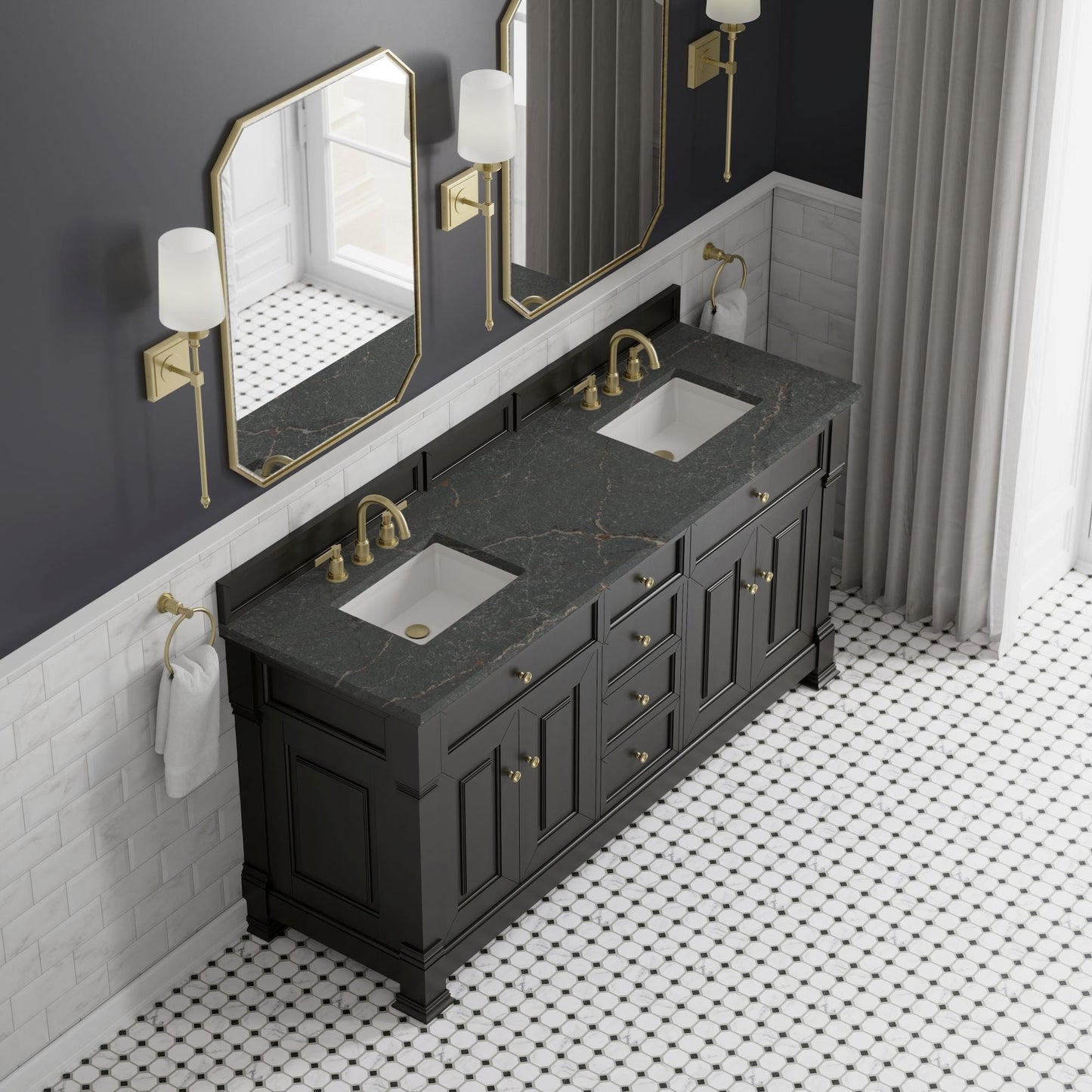
                  
                    Brookfield 72" Double Vanity in Black Onyx Double Bathroom Vanity James Martin Vanities Parisien Bleu Silestone 
                  
                