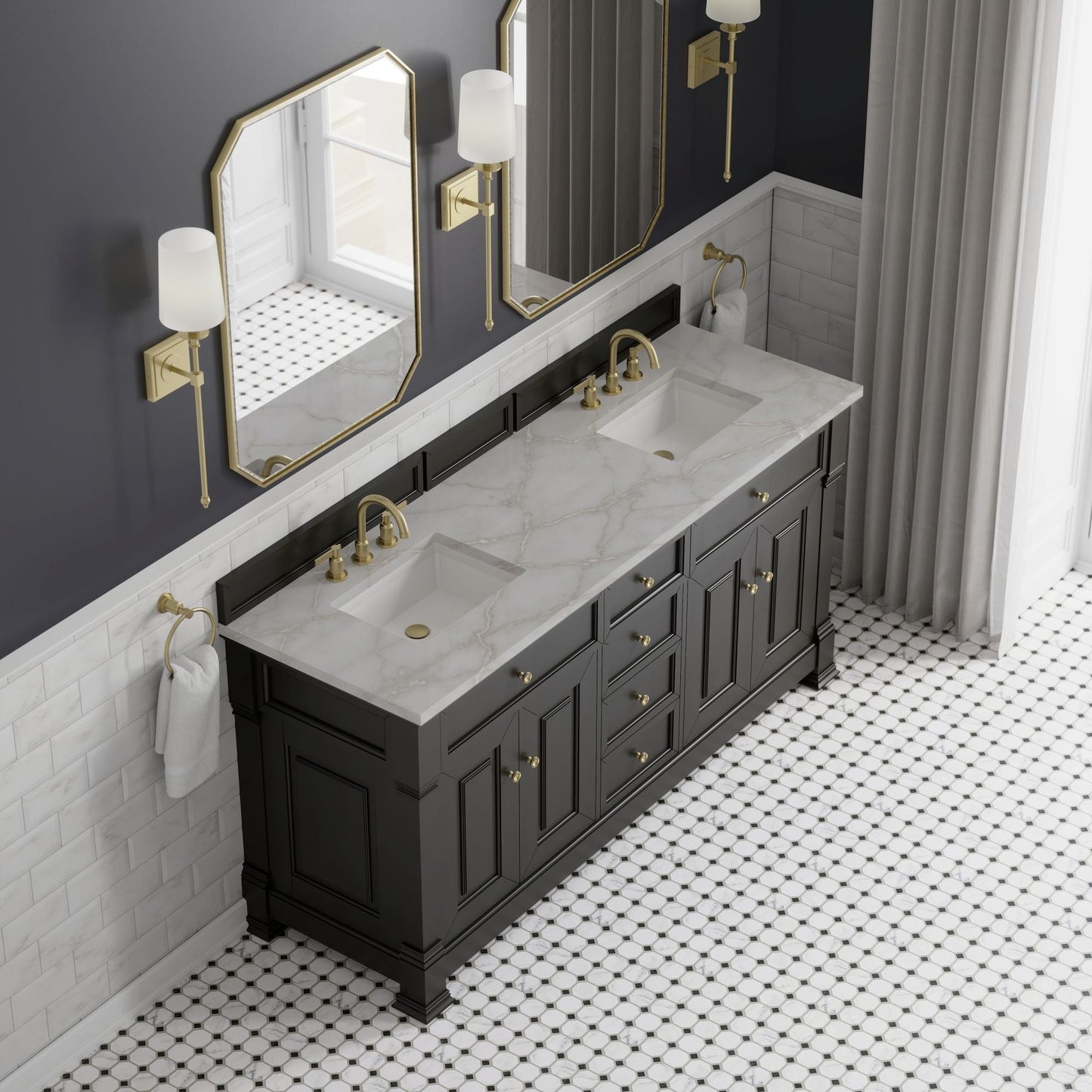 
                  
                    Brookfield 72" Double Vanity in Black Onyx Double Bathroom Vanity James Martin Vanities Victorian Silver Silestone 
                  
                