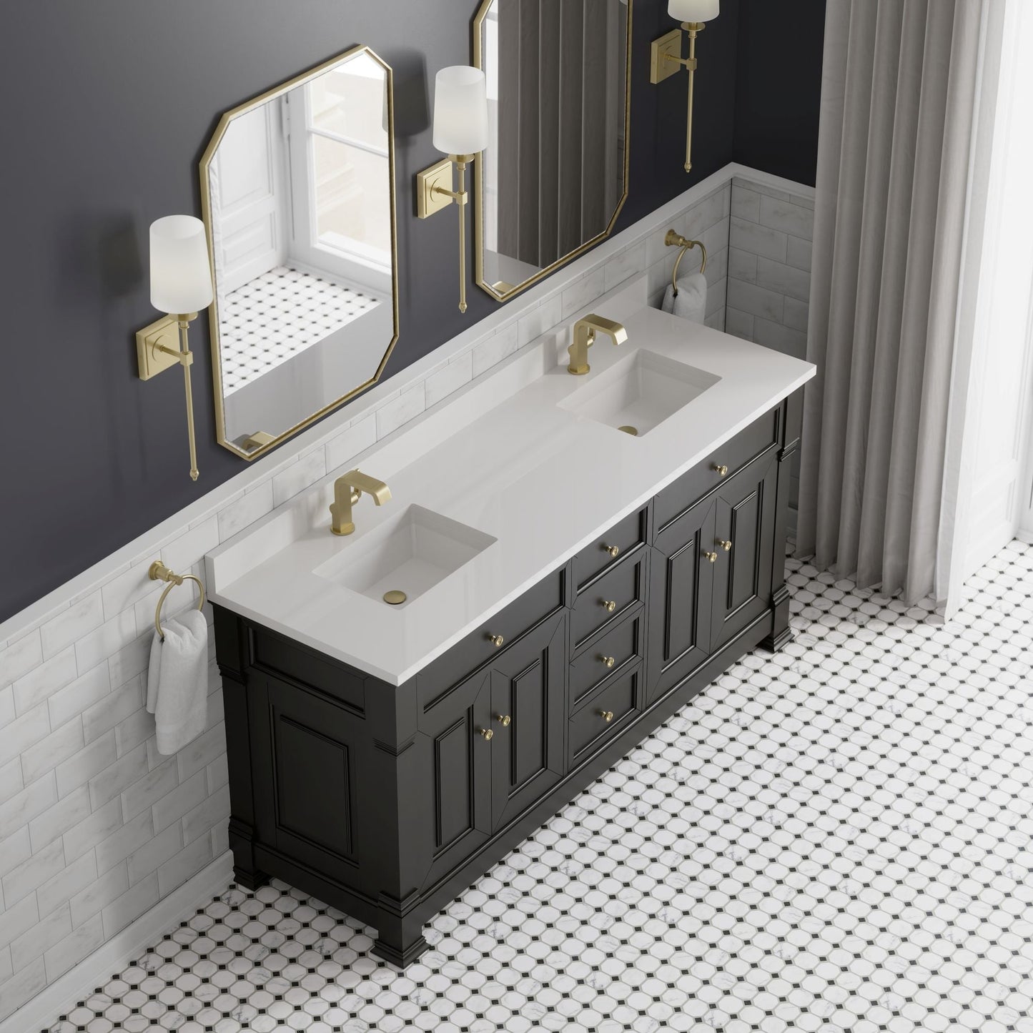 
                  
                    Brookfield 72" Double Vanity in Black Onyx Double Bathroom Vanity James Martin Vanities White Zeus Single Faucet Hole Silestone w/Backsplash 
                  
                