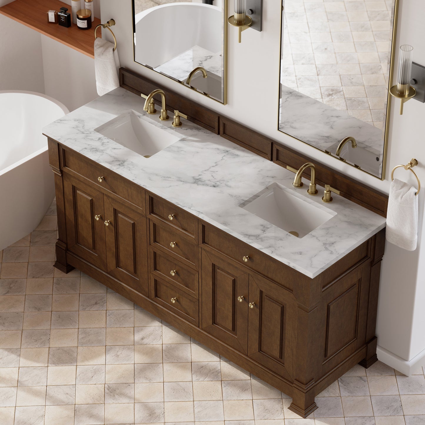 
                  
                    Brookfield 72" Double Vanity in Honey Oak Double Bathroom Vanity James Martin Vanities Carrara White Marble 
                  
                