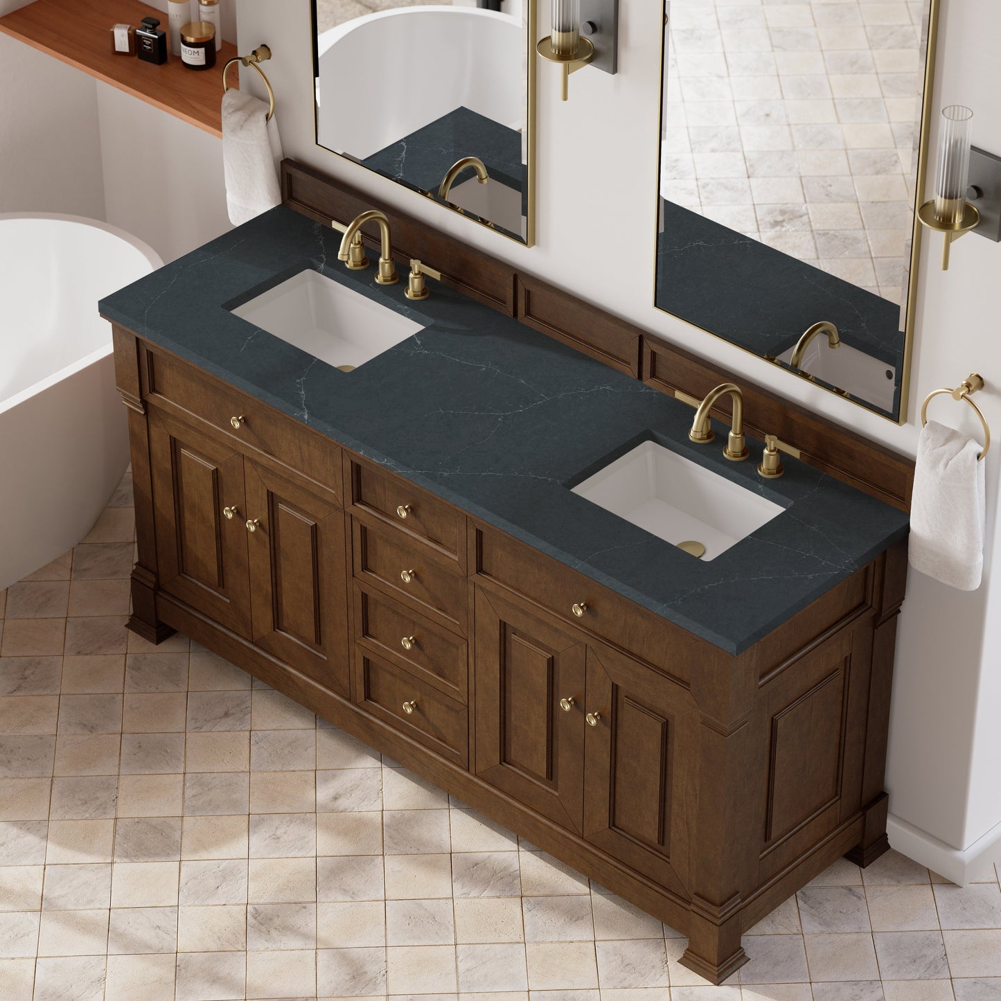
                  
                    Brookfield 72" Double Vanity in Honey Oak Double Bathroom Vanity James Martin Vanities Charcoal Soapstone Silestone 
                  
                
