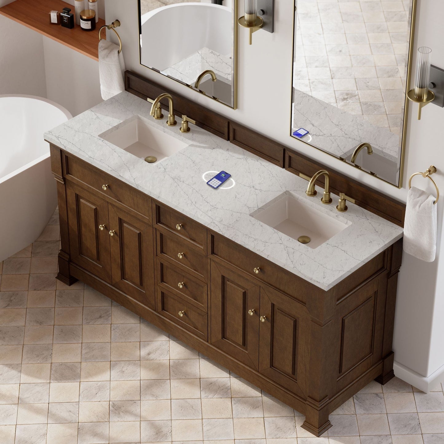 
                  
                    Brookfield 72" Double Vanity in Honey Oak Double Bathroom Vanity James Martin Vanities FreePower-Enabled Eternal Jasmine Pearl Silestone 
                  
                