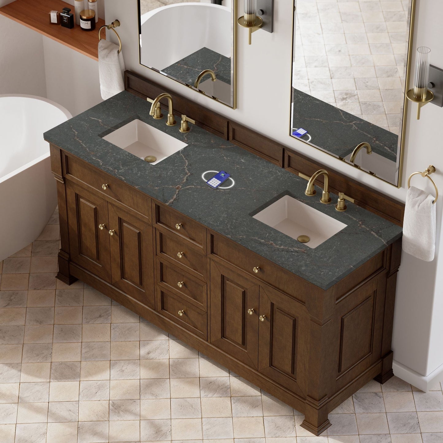
                  
                    Brookfield 72" Double Vanity in Honey Oak Double Bathroom Vanity James Martin Vanities FreePower-Enabled Parisien Bleu Silestone 
                  
                