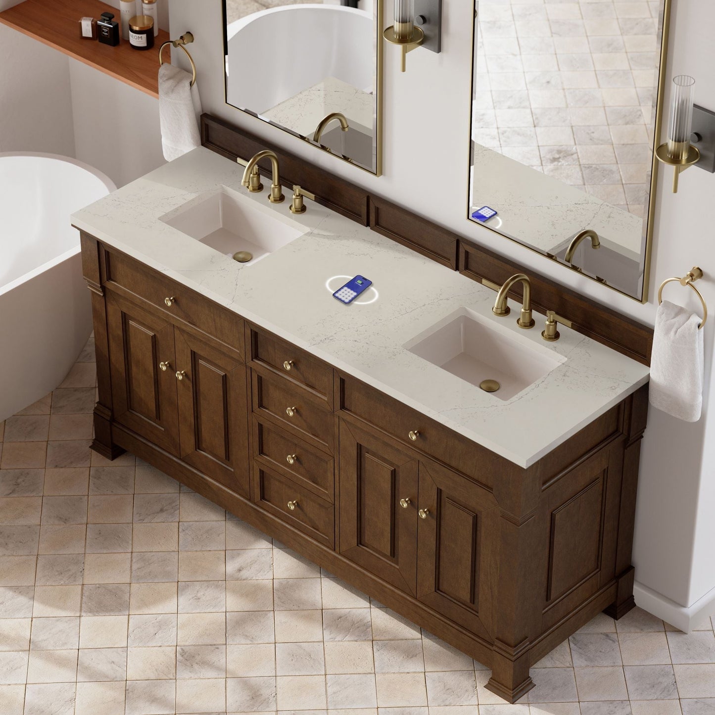 
                  
                    Brookfield 72" Double Vanity in Honey Oak Double Bathroom Vanity James Martin Vanities FreePower-Enabled Siberian Silestone 
                  
                