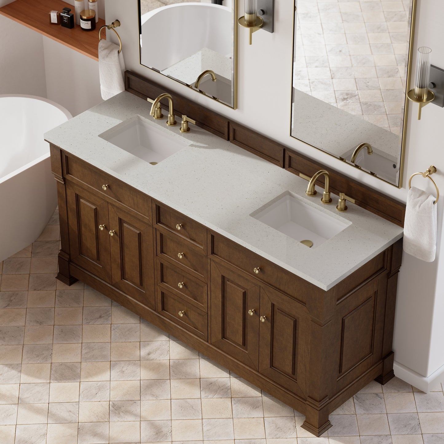 
                  
                    Brookfield 72" Double Vanity in Honey Oak Double Bathroom Vanity James Martin Vanities Lime Delight Silestone 
                  
                